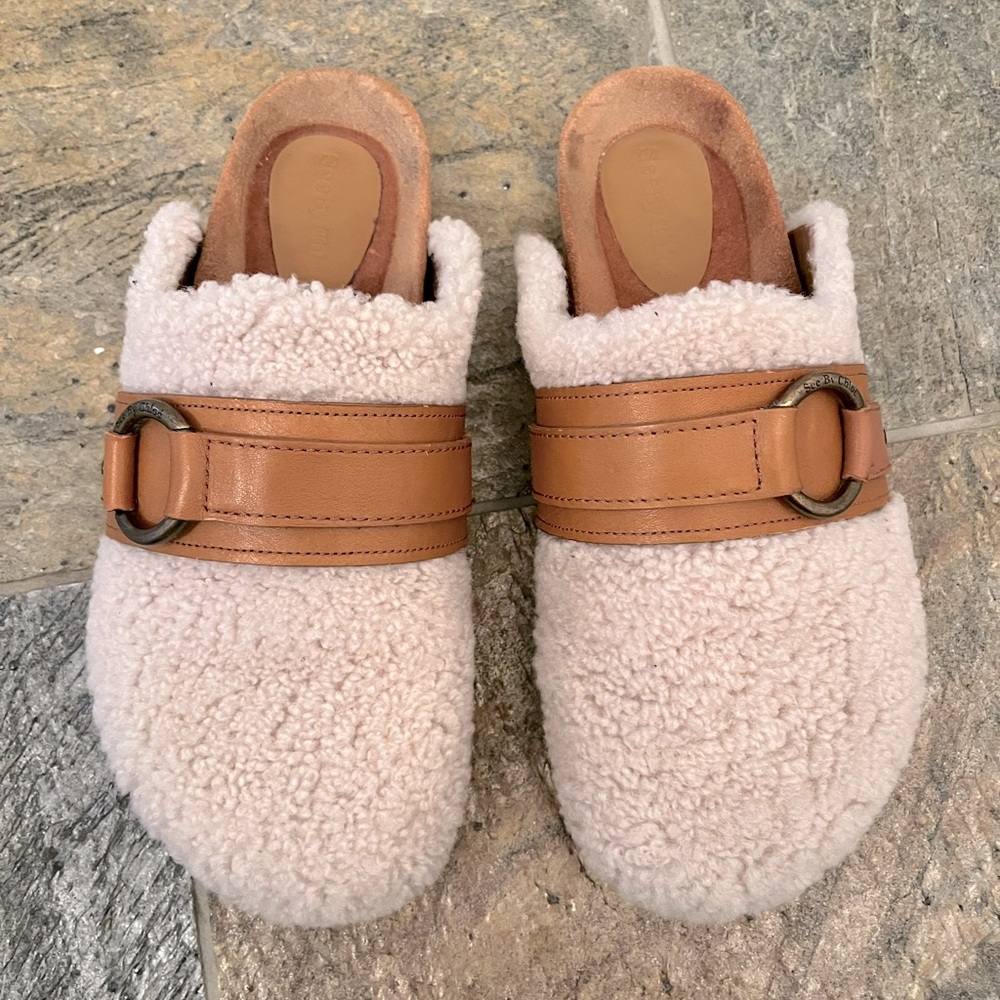 See by Chloe shearling and leather mules